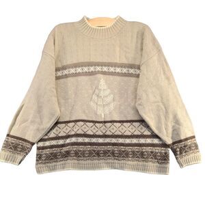 Cape Cod Women's Pullover Knit Sweater Tan XL Fair Isle Mock Neck Vintage